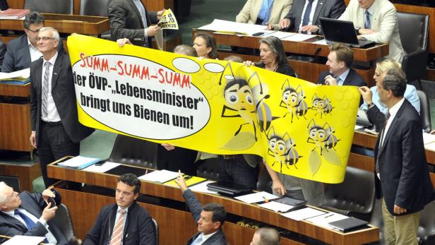 APA12730918 - 14052013 - WIEN - ÖSTERREICH: Plakataktion der FPÖ Abgeordneten im Rahmen einer Sondersitzung des Nationalrates zum Bienenschutz am Dienstag, 14. Mai 2013 im Parlament in Wien. APA-FOTO: HANS PUNZ