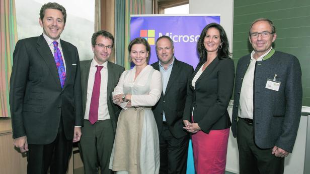 Mahrer, Kopf, Baierl (KURIER, Moderatorin), Grasl, Höllinger und Hermann beim Europäischen Forum Alpbach.