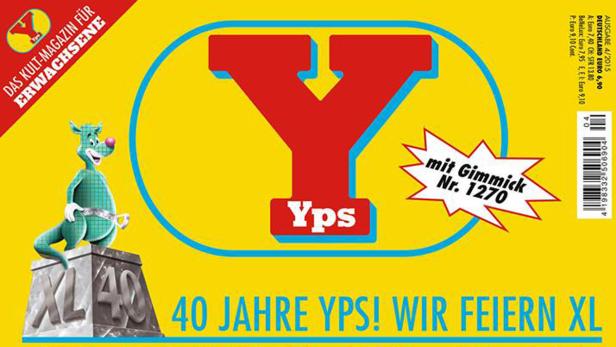 Cover der Zeitschrift Yps zum 40-jährigen Jubiläum mit dem Yps-Charakter auf einem Sockel.