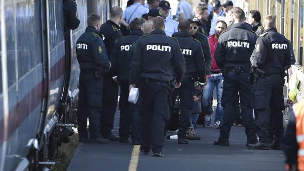 Eine Gruppe Polizisten steht am Bahnsteig neben einem Zug.