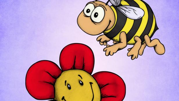 Eine Cartoon-Biene fliegt auf eine stilisierte Blume zu.