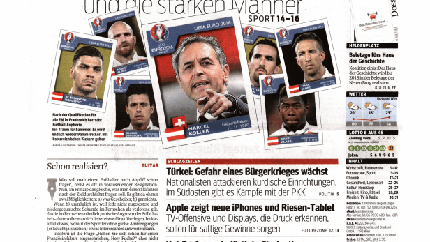 Titelseite des Kurier vom 10. September 2015 mit Fokus auf Fußball und Innenpolitik.