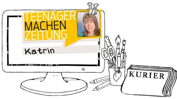 Ein stilisierter Computerbildschirm zeigt den Text „Teenager machen Zeitung“ und ein Foto von Katrin.
