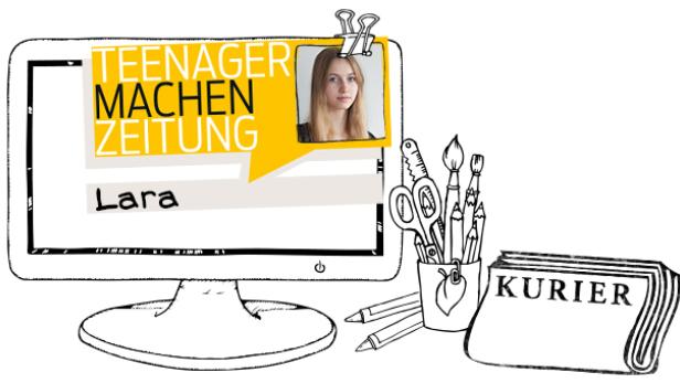 Ein stilisierter Computerbildschirm zeigt den Text „Teenager machen Zeitung“ und den Namen Lara.