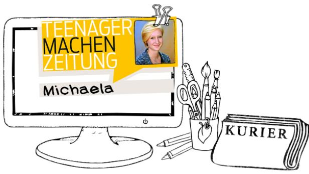 Eine Illustration zeigt einen Computerbildschirm mit dem Text „Teenager machen Zeitung“ und eine Frau, daneben Stifte und ein „Kurier“.