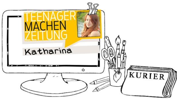 Ein stilisierter Computerbildschirm zeigt den Text „Teenager machen Zeitung“ und den Namen Katharina.