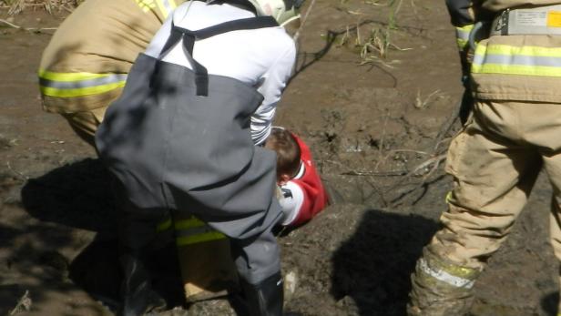 Bub steckte in Schlamm fest, Schlamm, Bergung, Feuerwehr, Saalfelden