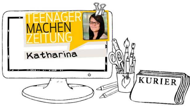 Ein stilisierter Computerbildschirm zeigt den Text „Teenager machen Zeitung“ und ein Foto von Katharina.