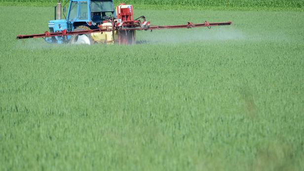 Ein Traktor sprüht Pestizide auf ein grünes Feld.