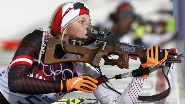 Austria's Hauser prepares to shoot in women's biat