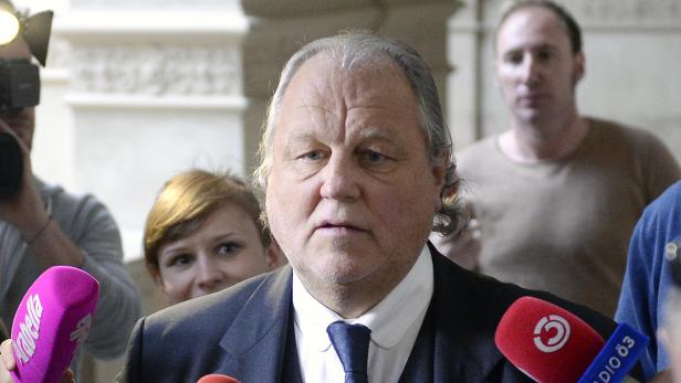 Ein Mann im Anzug steht vor Mikrofonen und wird interviewt.