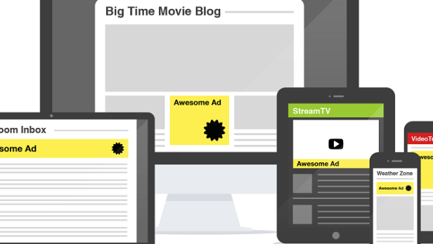 Verschiedene Geräte zeigen Werbung für „Awesome Ad“ auf unterschiedlichen Plattformen.