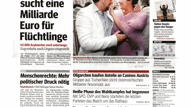 Titelseite des Kurier vom 11. September 2015 mit verschiedenen Artikeln.