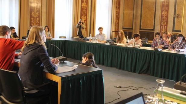 Personen sitzen an einem U-förmigen Tisch in einem Konferenzraum.