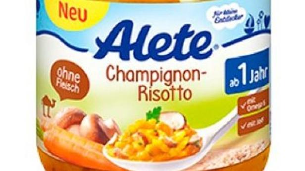 Ein Glas Champignon-Risotto von Alete ab 1 Jahr, ohne Fleisch.