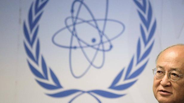 Ein Mann mit Brille vor dem Logo der Internationalen Atomenergie-Organisation (IAEA).