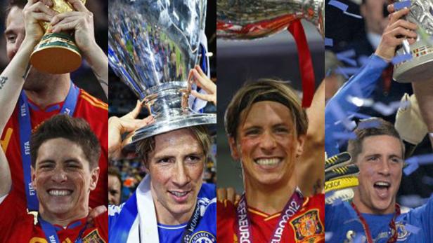 Eine Collage von Fernando Torres, der verschiedene Trophäen mit der spanischen Nationalmannschaft und Chelsea feiert.