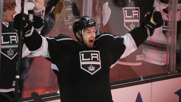 Los Angeles Kings Trevor Lewis celebrates scoring the winning goal against the San Jose Sharks during Game 2 of their NHL Western Conference semi finals hockey playoff in Los Angeles, California May 16, 2013. REUTERS/Lucy Nicholson (UNITED STATES - Tags: SPORT ICE HOCKEY)