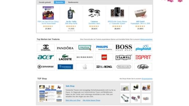 Die Startseite des Online-Shops Tradoria.at mit verschiedenen Produktkategorien und Marken.