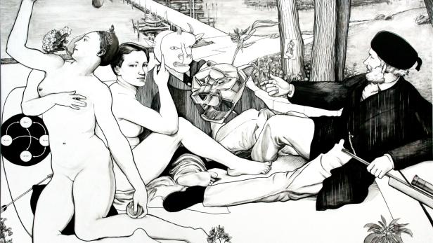 Ozmo, Untitled, 2006: Der italienische Künstler zeichnete einen Remix von Manets &quot;Frühstück im Grünen&quot;, Bronzinos &quot;Venus&quot; und anderen Motiven mit Permanent-Marker auf PVC-Plane (200x150 cm)