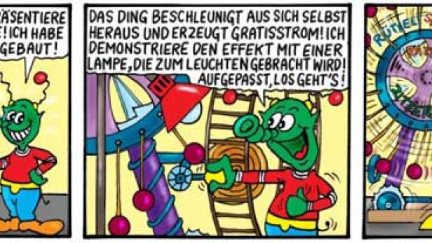 Ein grünes Alien präsentiert in einem Comic-Strip sein Perpetuum Mobile, das angeblich kostenlosen Strom erzeugt.
