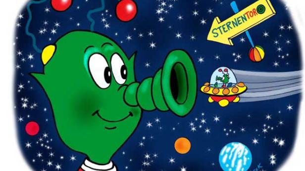 Ein grünes Alien blickt durch ein Teleskop auf ein fliegendes UFO im Weltraum.