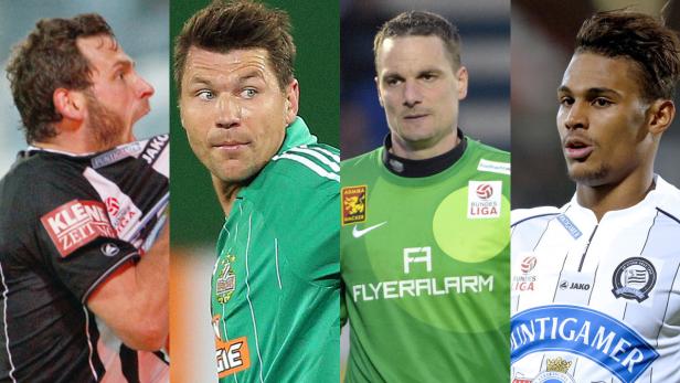 Porträts von vier Fußballspielern in ihren Trikots.