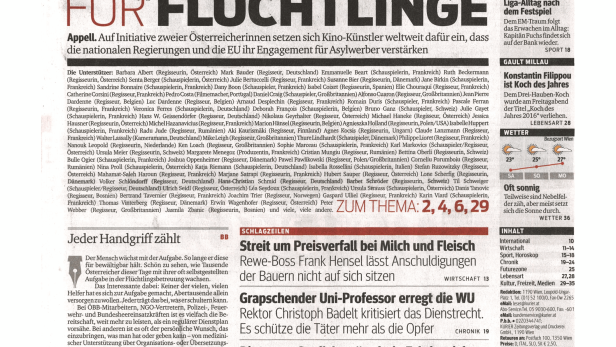 Titelseite des Kurier vom 12. September 2015 mit dem Titel „Filmstars für Flüchtlinge“.