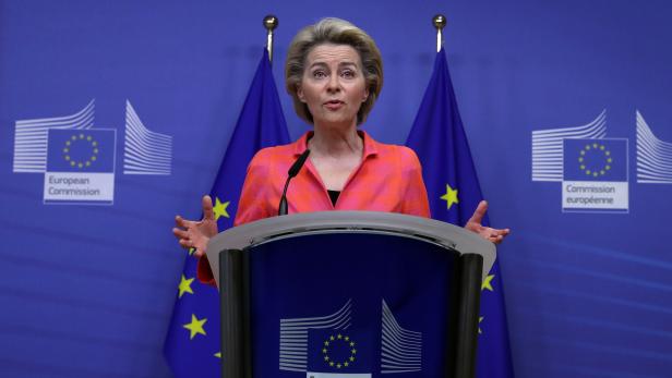 European Commission President Ursula von der Leyen delivers a statement, in Brussels