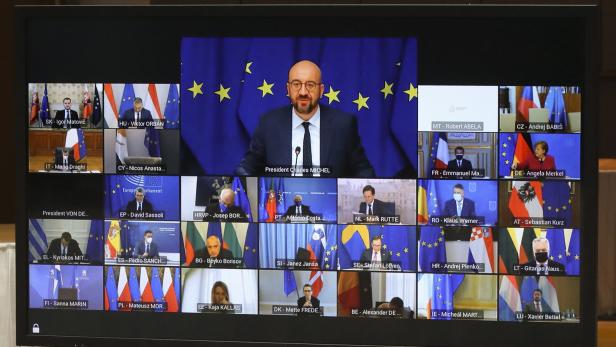 EU-Gipfel als Videokonferenz: Größer im Bild ist EU-Ratspräsident Charles Michel