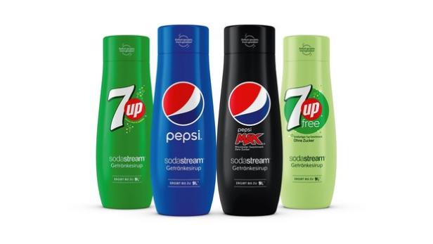 Revolution im Softdrink-Segment: SodaStream kommt in Österreich mit PepsiCo-Sirups auf den Markt/ SodaStream PepsiCo Sirups: vl.n.r 7UP, Pepsi , Pepsi Max, 7UP free (ohne Zucker)