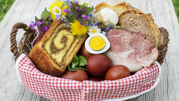 Easter traditional food with ham, eggs and bread