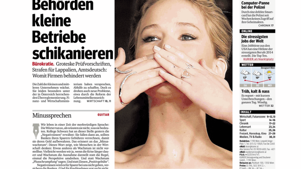 Titelseite des Kurier vom 8. November 2014 mit Jennifer Lawrence und Artikeln zu Wirtschaft und Kultur.