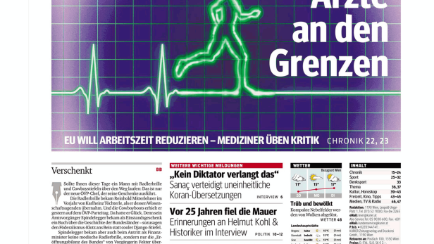 Titelseite des Kurier am Sonntag vom 9. November 2014.