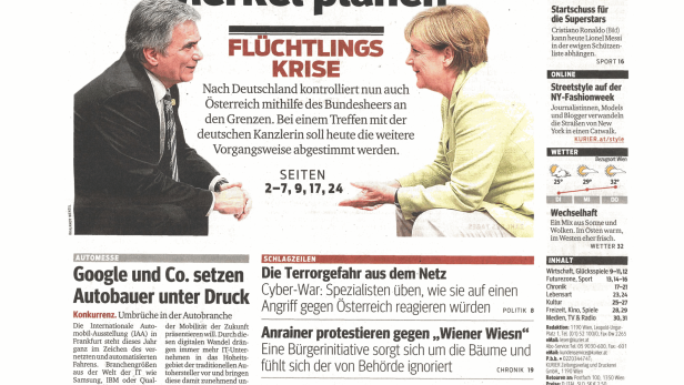 Titelseite des Kurier vom 15. September 2015 mit Faymann, Merkel und der Flüchtlingskrise als Hauptthemen.