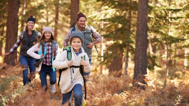 Eine Familie wandert im Herbst durch einen Wald.