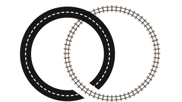 Eine stilisierte Darstellung einer Straße und einer Eisenbahnstrecke, die sich kreuzen.