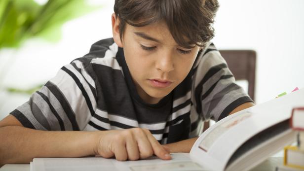 concentrated boy reading a book