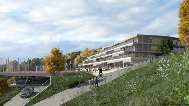 Der treppenartig in den Hang geplante Neubau des Wienerwaldgymnasiums in Tullnerbach soll bis Ende 2022 fertiggestellt werden