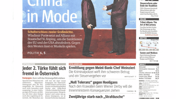 Titelseite des Kurier vom 11. November 2014 mit Schlagzeilen zu Politik und Kultur.