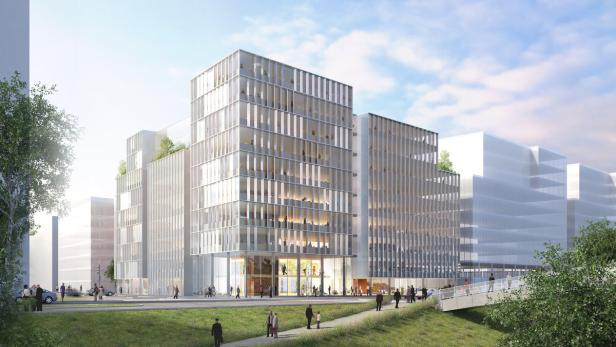 Eine moderne Bürogebäude-Fassade mit Menschen davor an einem sonnigen Tag.