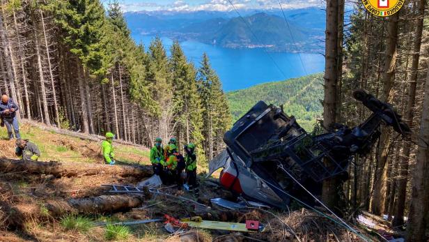 A crashed cable car is seen after it collapsed in Stresa, near Lake Maggiore