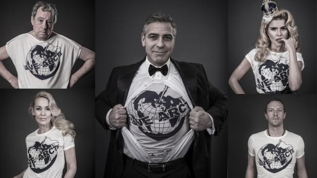 Schauspieler Terry Jones, Hollywood-Star George Clooney, Sängerin Paloma Faith, Musiker Chris Martin und Model Jerry Hall (im Uhrzeigersinn).