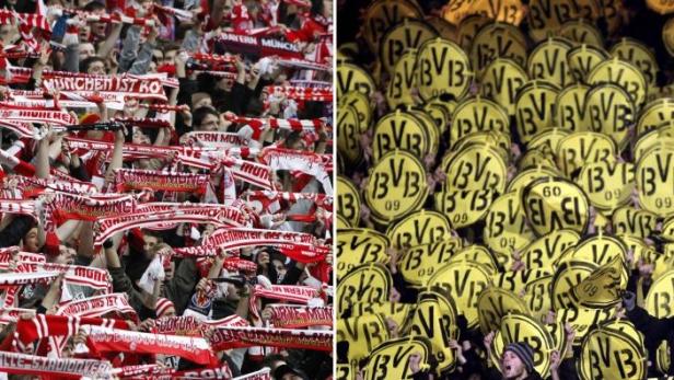 File photo of (L) Bayern Munich&#039;s supporters celebrating the victory of their team during their German Bundesliga first division soccer match against Hoffenheim in Munich March 10, 2012, and (R) supporters of Borussia Dortmund cheering for their team prior to the start of their German first division Bundesliga soccer match against Nuremberg in Nuremberg, December 5, 2010. German Bundesliga soccer clubs Borussia Dortmund and Bayern Munich will play in the Champions League final at Wembley in London on May 25, 2013. REUTERS/Staff/Files (GERMANY) (SPORT SOCCER)
