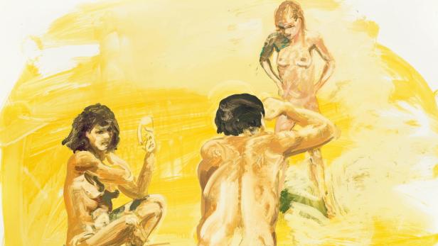Eine Malerei mit drei nackten Figuren in einer gelben Umgebung.