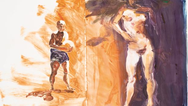 Ein Gemälde mit zwei Figuren, eine mit einem Ball und eine nackt, in kontrastierenden Farbtönen.