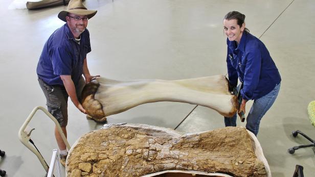 Die Paläontologen Scott Hocknull und Robyn Mackenzie mit einem Dino-Knochen und der Nachbildung aus dem 3D-Drucker