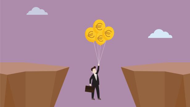 Businessman floating up in between a cliff by Euro currency symbol balloon