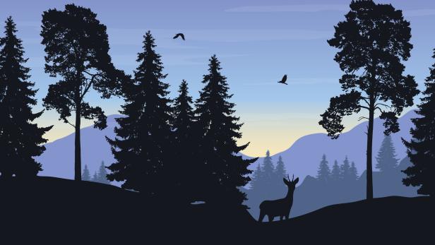 Realistic vector illustration of mountain landscape with forest, deer and eagle