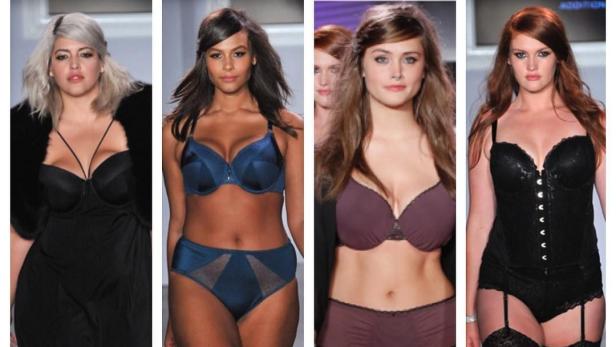 Vier Models präsentieren verschiedene Dessous-Sets auf einem Laufsteg.